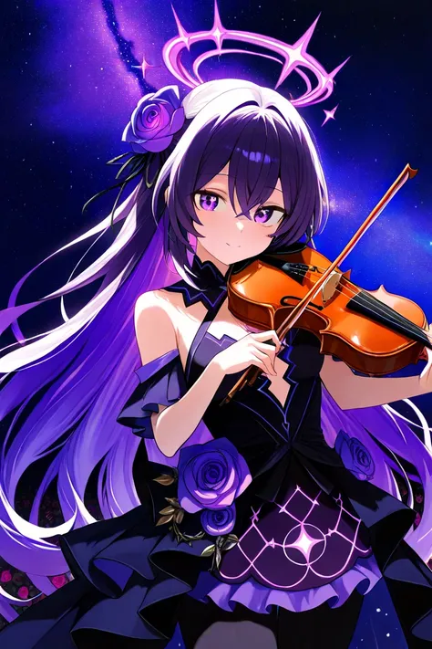 Create a picture of a white violin with cosmic energy, set out in a starry purple color, with a rose thorn pattern emblazoned on a violin. The background is extraterrestrial.