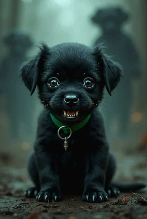 Take a picture of a little black puppy with a green collar in horror style