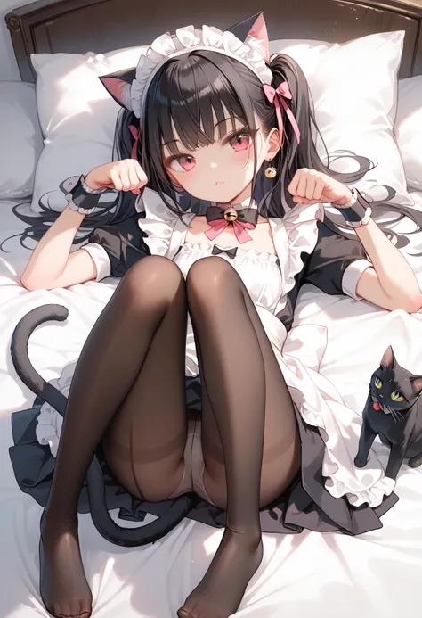  score_9, score_8_ up the side, score_7_ up the side, best quality anime,, Masterpiece, in the seat, slim, Tiny Breasts ,( IDEAL SLIM PROPORTION ),(black_length_hair, straight_前hair, MAID COSTUME ,  pantyhose,Cat ears,Cat&#39;s tail,Cat&#39;s paw),( cat po...