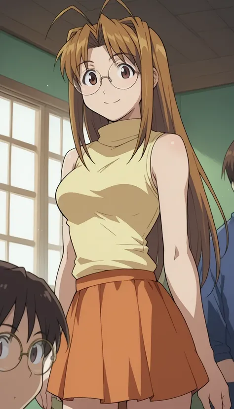 narunarusegawa, naru narusegawa, long hair, brown hair, antenna hair, brown eyes,
skirt, sleeveless, miniskirt, turtleneck, sleeveless turtleneck, round glasses
indoors,
looking at viewer, smiling, dutch angle, cowboy shot