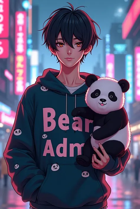 GTA anime style young man with short black hair with brown eyes wearing sweatshirt written bear admin with pandas in a cyber setting holding a panda bear