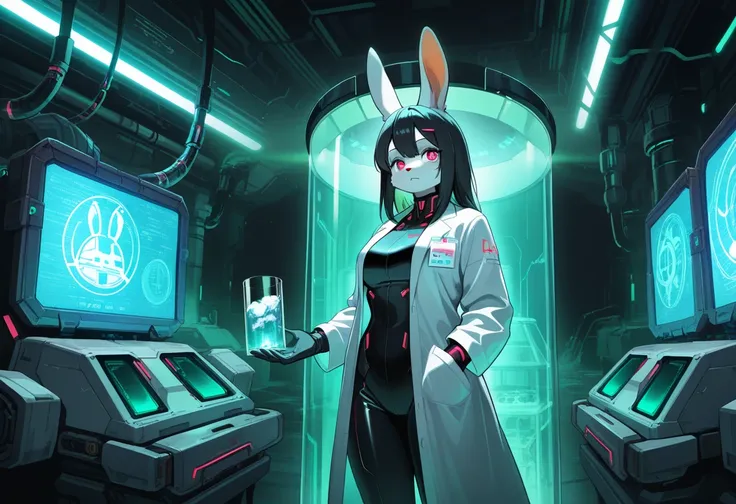 1girl, (furry, kemono:1.4), rabbit girl, animal nose, rabbit ears, solo, cyberpunk, high-tech laboratory, neon lights, blue lighting, green lighting, glowing, futuristic, advanced technology, hologram, glass tubes, cryogenic pod, bio-mechanical wires, scie...