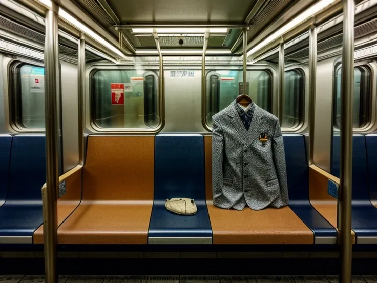  highly detailed , inside empty subway car, pov (a thrown japan high school uniform lays on a subway 
seat:1.5) , masterpiece, faulty lights,   no persons in image   