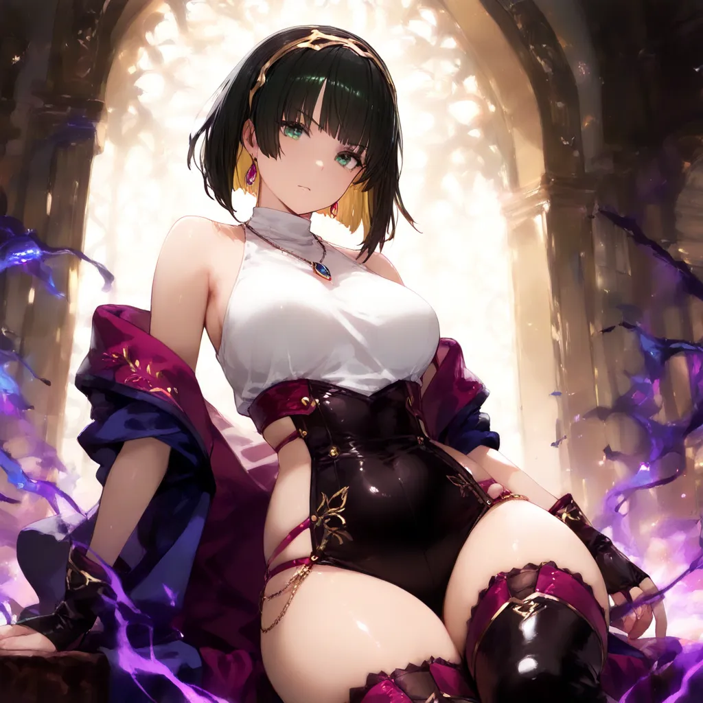 Celia Witch, large_chest, green_eyes, black_hair, dull_bangs, gold_hair band, sleeveless_turtleneck_bodysuit, white_top, necklace, black_glove, embroidery_close, side_cut-out_black_thigh_boots, dark aura, (top quality, 4K,8k, high resolution, masterpiece: ...