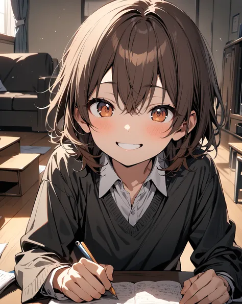 masterpiece,ultra quality,perfect anatomy,(1boy,elementary school student,shota,brown hair,medium hair,smile),living room