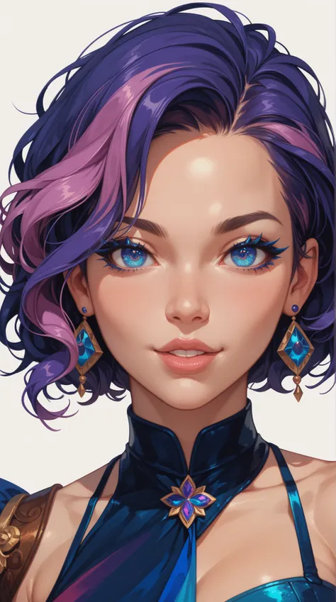 Exceptional work， shows a person with blue eyes 、thick eyelashes、 black and purple mixed hair 、 Medium chest 、 detailed eyes and skin ，Girl with flat color style 。 This work should be of the highest quality ， Very detailed ， and presented as a masterpiece ...