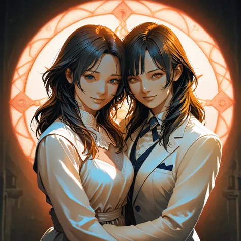 a woman in a white dress embracing a man in a white suit, detailed face and eyes, detailed clothing, serene expression,hajime sorayama style, joao ruas style, vladimir tatlin style, occult art, moebius style, cinematic lighting, dramatic shadows, high cont...