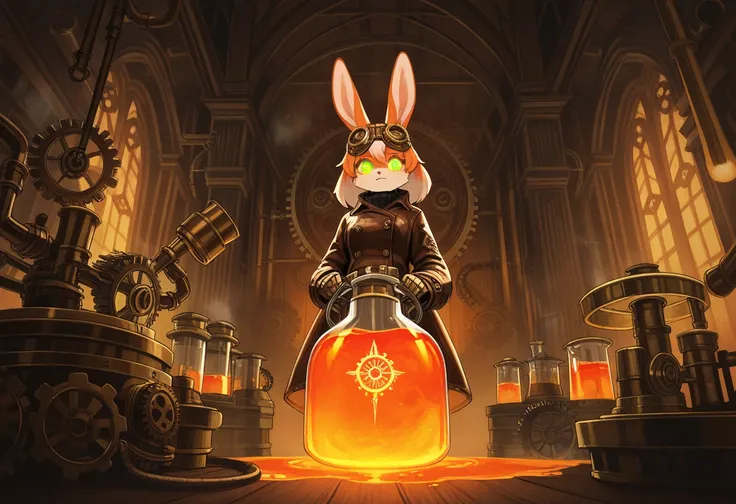 1girl, (furry, kemono:1.4), rabbit girl, animal nose, rabbit ears, solo, steampunk, laboratory, brass gears, intricate machinery, pressure gauges, alchemical glassware, bubbling liquid, glowing green, mysterious scientist, leather coat, brass goggles, mech...