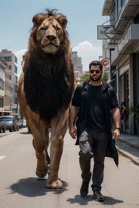 a realistic photograph of a man walking side by side with a super giant lion with thick fur, both directly towards the camera in a straight line, with a futuristic city as a background