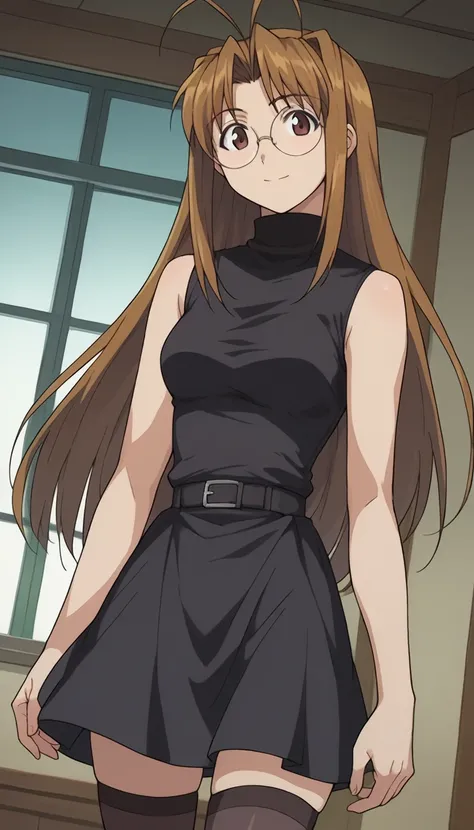 narunarusegawa, naru narusegawa, long hair, brown hair, antenna hair, brown eyes,
gothic girl outfit, black stockings, black skirt, sleeveless, black miniskirt, turtleneck, sleeveless turtleneck, round glasses
indoors,
looking at viewer, smiling, dutch ang...