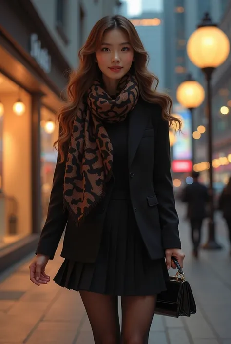 A 25-year-old Japanese woman with a well-groomed face and large eyes that are characteristic and very beautiful

A hyper-realistic digital painting of a stunningly elegant young woman walking along a city street at night, illuminated by warm ambient lighti...