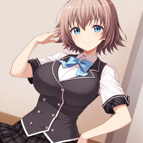 1girl,solo,m_kasumi,short hair,brown hair,blue eyes,smile,large breasts,school uniform,short sleeves,vest,plaid skirt,black skirt,, general, masterpiece, best quality, 
masterpiece,best quality,good quality,