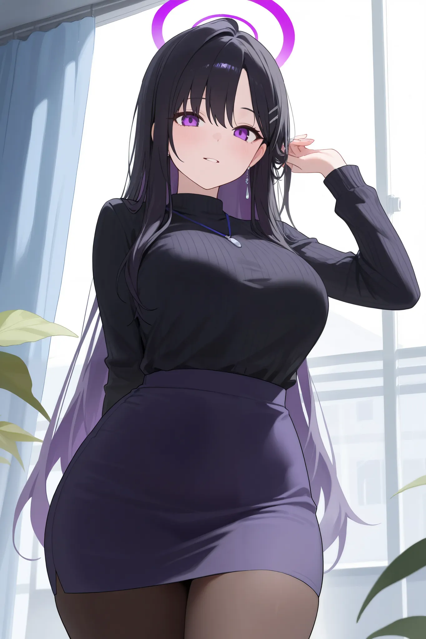 1 girl, Hair length reaches the back, Black hair and purple on the edges of the hair, purple eyes, but not bright, curvy body, wear a sexy work outfit, หน้าอกไซส์ปานกลาง, have a purple halo, have a silver earring