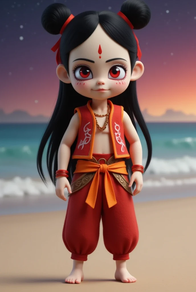  detailed 3d rendering  ，  wool felt doll_nezha, whole body, Long Black Hair ,  red eyes,  facial marks  ,Spikes ,  Forehead Imprints  ,Nail polish,Red vest,  red pants  ,  red ribbon  ,Orange belt, Bracelet,barefoot,  Sharp Toenails, beautiful and exquisi...