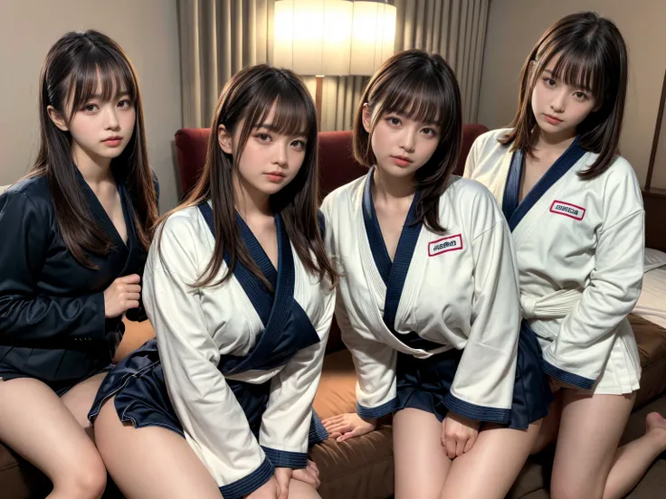 masterpiece, best quality, illustration, Super detailed, fine details, High resolution, 8K,wall paper, perfect dynamic composition,(Details High quality, realistic depiction of eyes:1.3), (3 girls), (oversized judo uniform white:1.2), sitting, open legs, s...