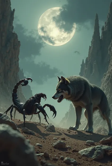 Create an image for wolf and scorpion facing each other most dangerous background 