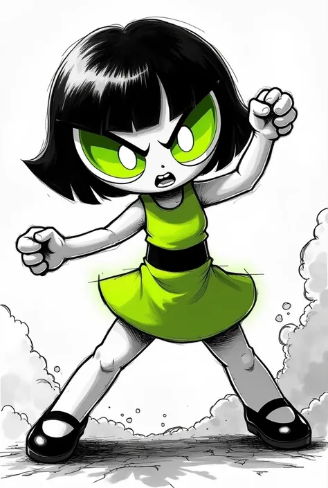 B/W manga cover with aggressive and dynamic vibes, featuring Powerpuff Girl with black bobcut, lime green eyes, lime green dress with black belt, white stockings and black Mary Jane shoes.