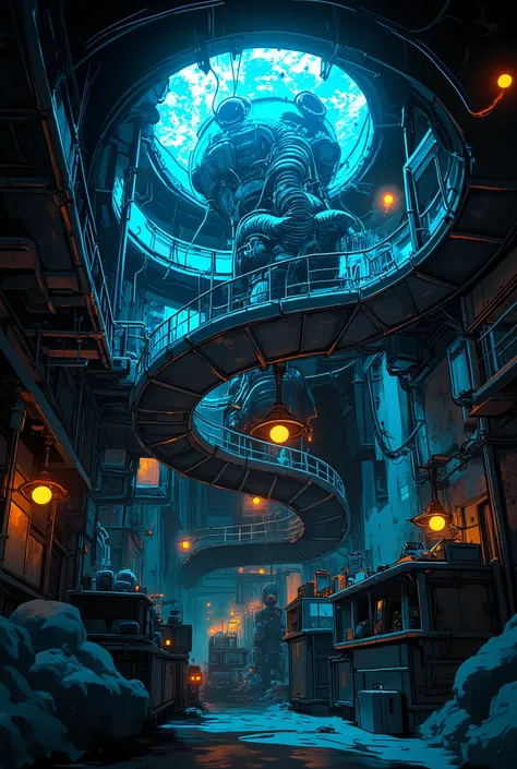 a secret laboratory, dark and mysterious underground research facility, scattered research documents, experimental equipment and large-scale biofabrication plant, chiaroscuro lighting, moody atmosphere, cinematic angle, dark and somber color palette, highl...