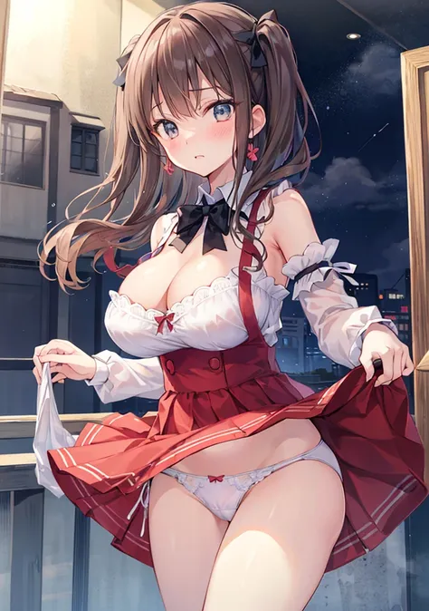 ( Ultra-fine 、 Max image  、  top quality、  Details )、  top quality,  high image quality ,  Masterpiece, (  beautiful eyes),  Detailsな顔, hair,  brown eyes, 長いhair ,  wave hair,  beautiful eyes 、  Rise of the Center ,  night dress、(skirt lifting underwear  )...