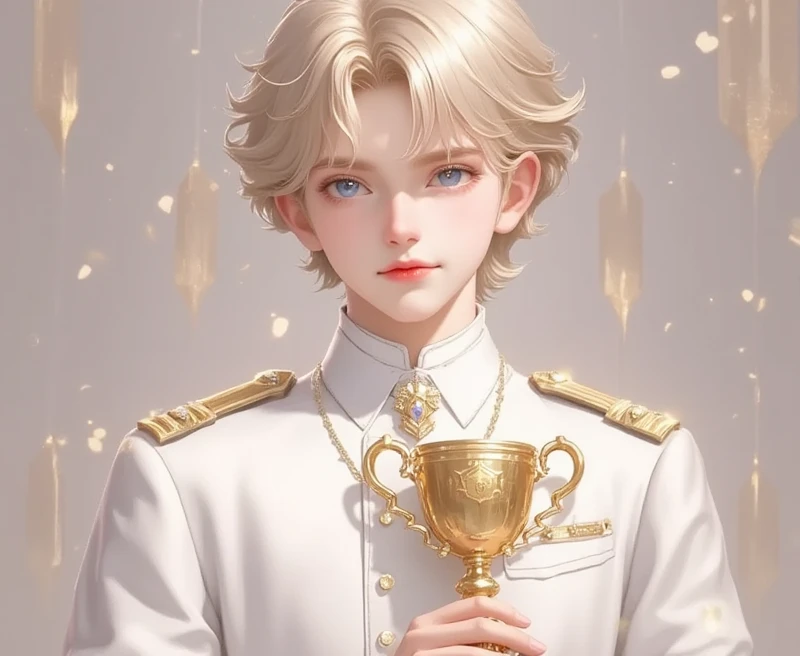  A  with light brown hair,  sky blue eyes and white skin , He's holding a trophy at school.  Anime style,  high quality 