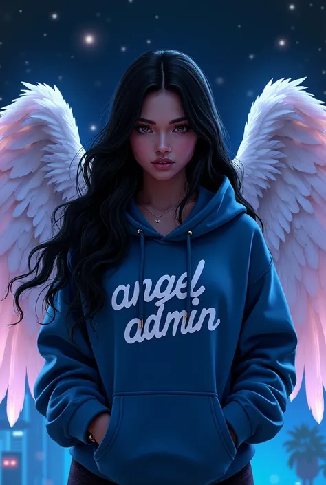 GTA Jovem Latina style,  with angel wings, long black hair and black eyes, wearing a blue hoodie written angel admin, against a starry sky backdrop