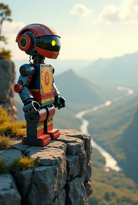 Create a Lego robot admiring the view from a cliff 