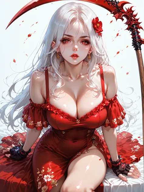 score_9_up, score_8_up, score_7_up, A detailed illustration in anime style. A young woman with long flowing white hair. An intense and seductive expression with detailed nose with high nose bridge and smooth flawless skin, piercing red eyes, and a hint of ...