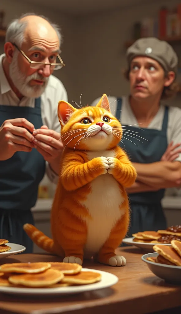 A hyper-realistic digital painting of a chonky orange cat with white paws standing proudly in a bakery kitchen. The bakery owner, a kind old man, is shocked as he takes a bite of the most delicious pancakes ever made. The cat stands confidently, its tail r...