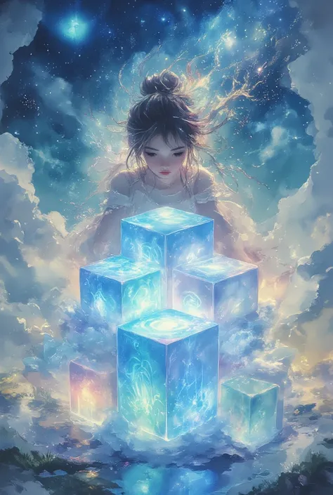 Anime movie scene ,  a girl ,  stacking glowing cubes,  beautiful masterpiece , masterpiece,3d style,