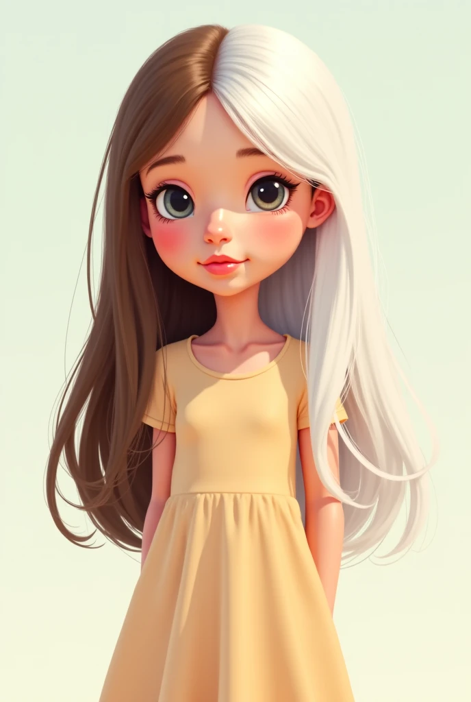 Young girl in a cartoon with long straight light brown hair half white skinny 