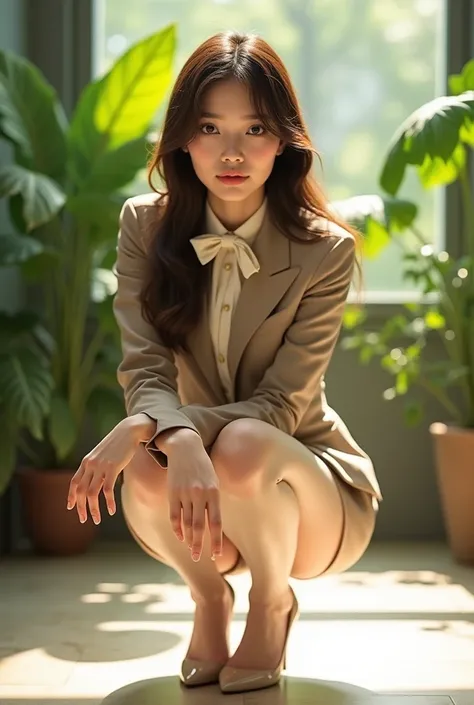 A25-year-old Japanese woman with a well-groomed face and large eyes that are characteristic and very beautiful

A hyper-realistic digital painting of a stunningly elegant young woman crouching gracefully in a lush indoor botanical setting. She has delicate...