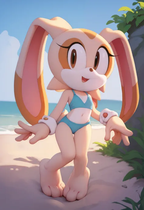 Cream The Rabbit, white panties, blue bikini, flat chest, barefoot, (mini cute style), (cel shaded), outdoors, beach