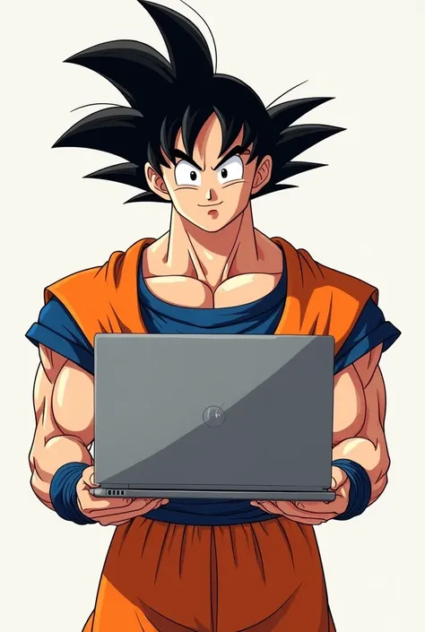 Dragon Ball's Goku holding laptop in line view