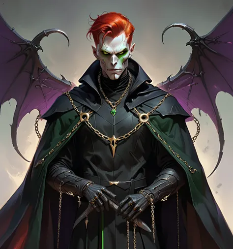  man. dark reaper. white skin. Alien .  red hair .  short hair, combed back .  Long cloak .  cassock .  Purple wings .  Green eyes.  Gold chains .  fantasy .  realism.  makeup.  fits a high collar . black cloak. long ears. Marvel style. mørk.  Iron scythe ...