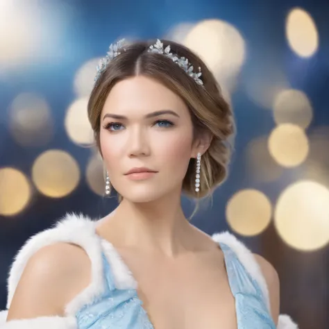 best quality, highres, 8k, masterpiece, photography, detailed midbody photorealistic portrait. Mandy Moore channels icy sophistication in a baby blue lace corset with white fur trim, a matching lace thong, and sheer white thigh-high stockings. A sheer whit...