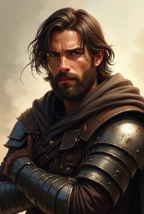 Digital illustration, 1 man, 26 years old young man, handsome, straight brown hair, Create a rugged male character with medium-length hair that falls just below the ears, slightly messy with a natural center part. Add a thick, full beard covering the cheek...