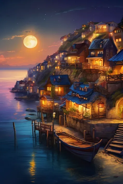 (paint style art:1.1), (masterpiece, professional photo:1.1), (8k, high resolution), (realistic), wide angle shot, little town near coast, sea oriented town, docks, (night time), (crescent moon:0.8), latern in the house, panoramic picture 