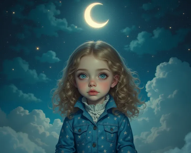 A highly detailed, ultra-HD masterpiece of a small, ordinary young girl from the 1700s with curly blonde hair and striking green eyes, resembling Nicholas Coughlan. She wears a simple yet enchanting blue star-patterned pajama dress, fitting her delicate as...