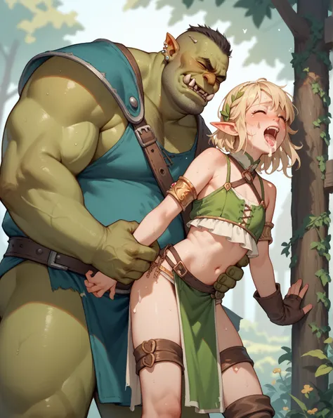 Fantasy, petit elf raped by a loincloth orc , (sex:0.05) , (cum:0.8) , (clothed elf) , male orc only village , loosebody , ugly face