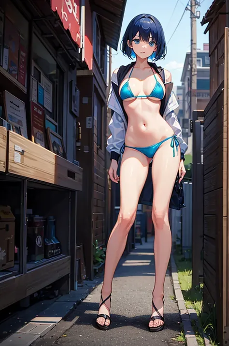 1woman, tall, short blue hair, blue eyes, bikini, standing on ground, high res, ultra sharp, 8K, masterpiece