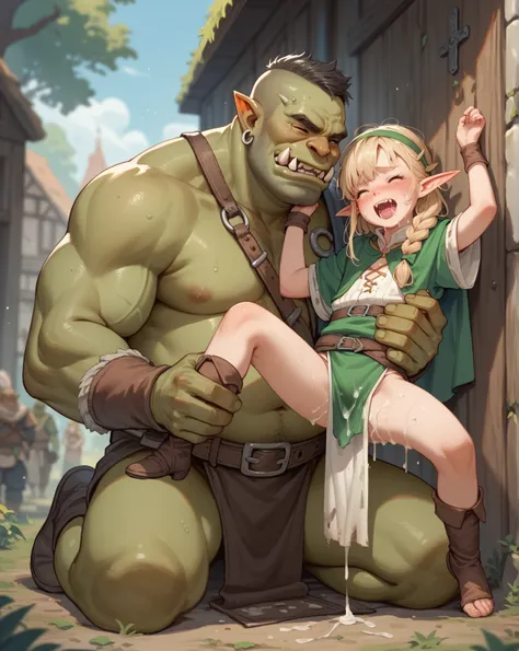 Fantasy, petit elf raped by a loincloth orc , (sex:0.05) , (cum:0.8) , (clothed elf) , male orc only village , loosebody , ugly face