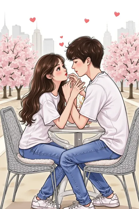 A lovely couple sat at the table, wearing a white t-shirt and jeans, holding hands and touching their faces. This painting is in the style of Korean comics, with a cartoon like drawing style. This is a high-resolution full body portrait set against a roman...