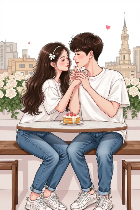 A lovely couple sat at the table, wearing a white t-shirt and jeans, holding hands and touching their faces. This painting is in the style of Korean comics, with a cartoon like drawing style. This is a high-resolution full body portrait set against a roman...