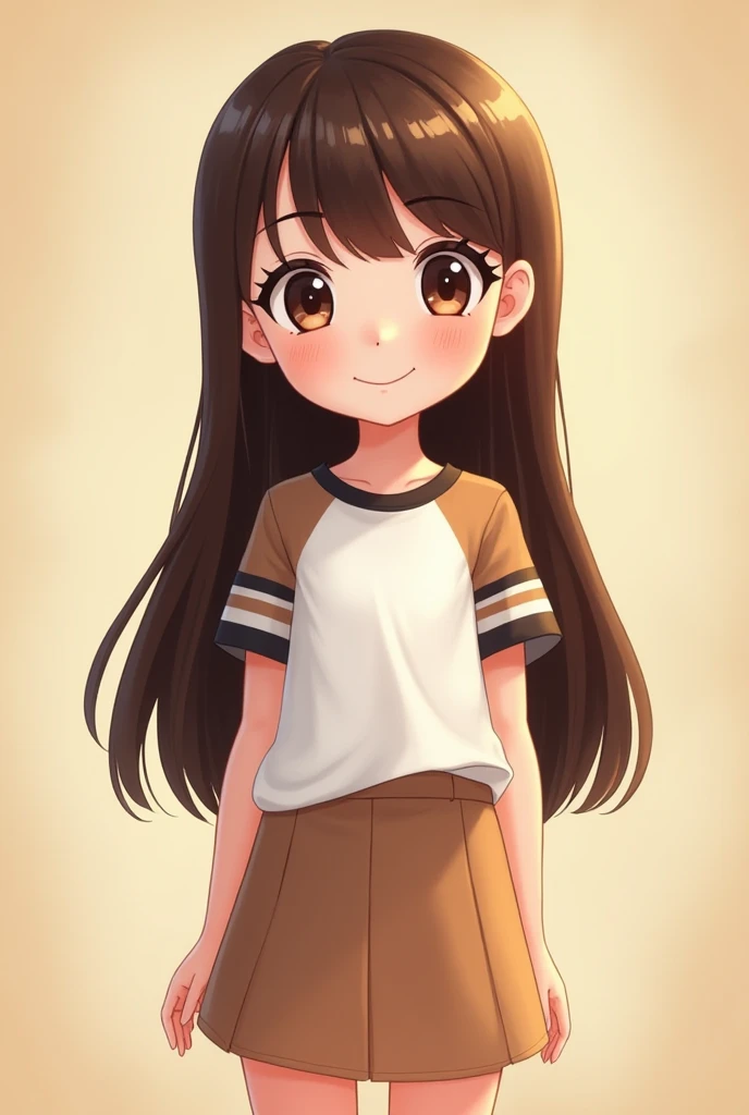 Young cartoon girl long straight hair brown eyes medium white brown dressed as a babe and black tennis t-shirt 