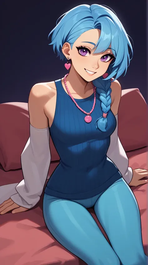 looking at viewer, 1girl,highly detailed, strong colors, cute smile, dark background, night lighting, strong blue hair, a lot of hair, short haircut, hair to the neck, long braid, blue braid, a single braid, well combed, light purple eyes, pink rhombus-sha...