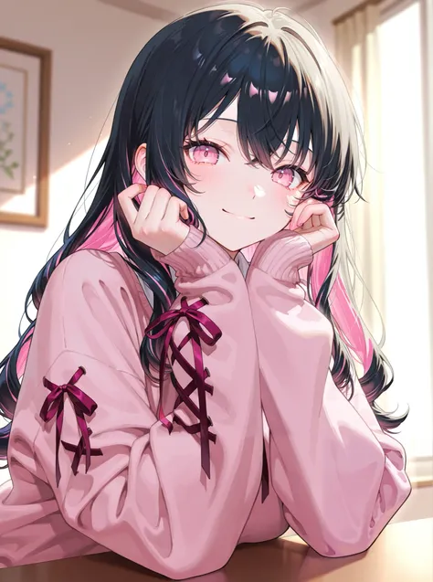 One person、 black hair、pink inner color hair、 pink eyes、 wave hair、 frill、ribbon、 sweater、 smile、 watching here、 Masterpiece、 top quality、 blurry background indoors、 depth of field、 natural light、 Soft Lighting 、 detail hair
