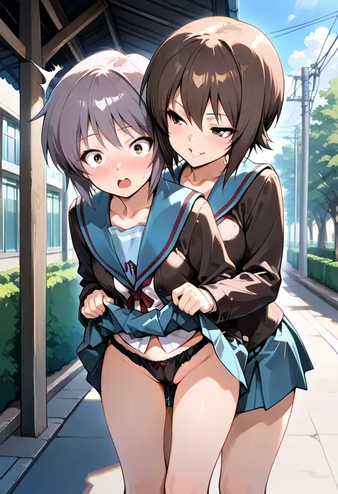 (masterpiece, best quality:1.2),two beautiful girls,outdoor,(Nagato Yuki,school uniform,slightly surprised expression,expose underwear),(Nishizumi Maho,school uniform,lift up her skirt to behind,naughty face),