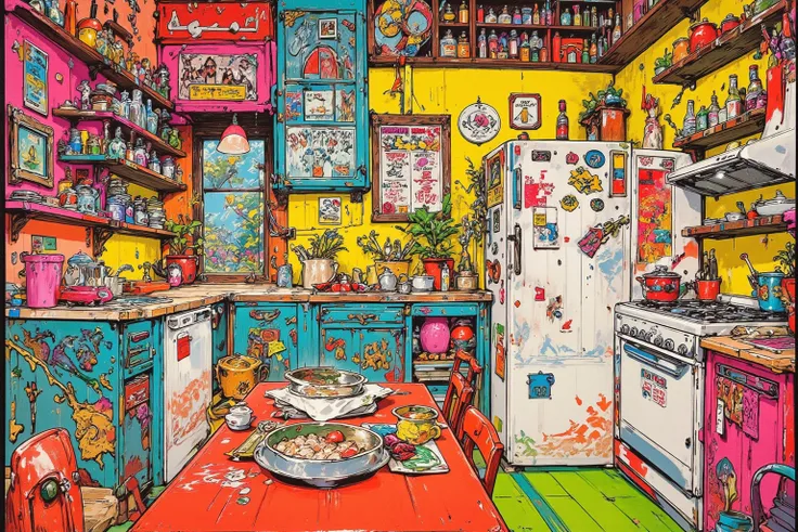  Fairytale Kitchen , Here's Her Secret Cooking Lab , Secret Base Kitchen with Stove , refrigerator,  and Dishwasher  ,  70s Kitchen ,  70s Kitsch and Psychedelia , ヴィンテージrefrigeratorにステッカー, cute kitchen ,  Vintage 70s Vintage Showcase ,  Cottage Core Hippi...