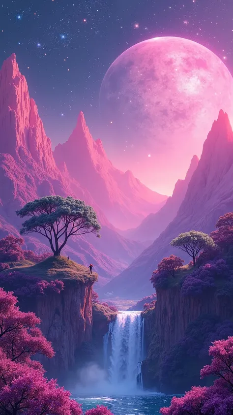  Galaxy Pink Purple Blue Small World, Tree with Pink Mountains and Waterfall, glow at night, Big sun and Stars 