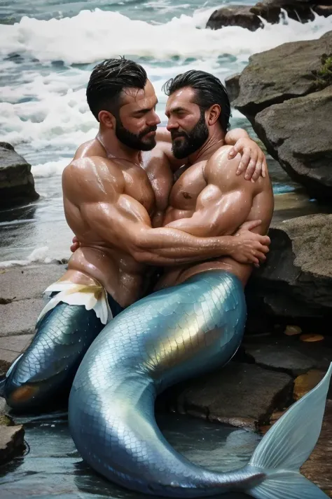 Muscular male merman with blue mermaid tail lying and hug with warrior. Merman is wet and oiled ,  cracked and greasy. It is very much oiled and wet. black hair, black beard.